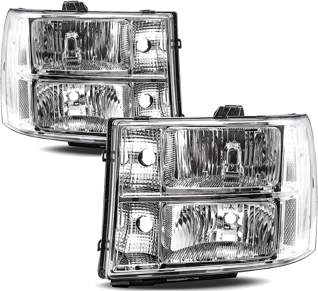 APSVE Headlights Assembly for 2007-2013 GMC Sierra 1500, 07-14 Sierra 2500HD 3500HD Headlamp Replacement Driver & Passenger Side, Chrome Housing Clear Lens