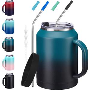 50 oz Mug Tumbler with Handle and Straw - 2-in-1 Lid, Silicone Water Bottle Boot, Stainless Steel Coffee Mugs, Double Wall Insulated Water Cup Keep Cold-36H Hot-24H, 50oz Large Tumbler Jug (Indigo Black)