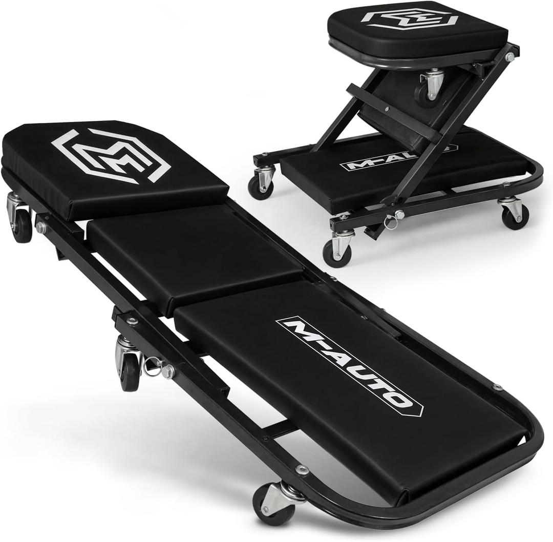 M-AUTO Foldable Z Creeper 2-in-1 Rolling Folding Car Creeper & Seat, 36" Adjustable Roller Garage Chair Lay Down or Sit, 330LBS Capacity Under Car Roller Creeper with 6 Swivel Casters, Black