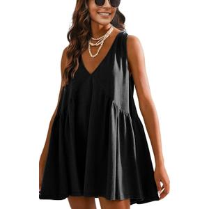 Athlisan Womens Summer Sleeveless Mini Dress Casual Loose V Neck Sundress with Pockets (Small, Black)