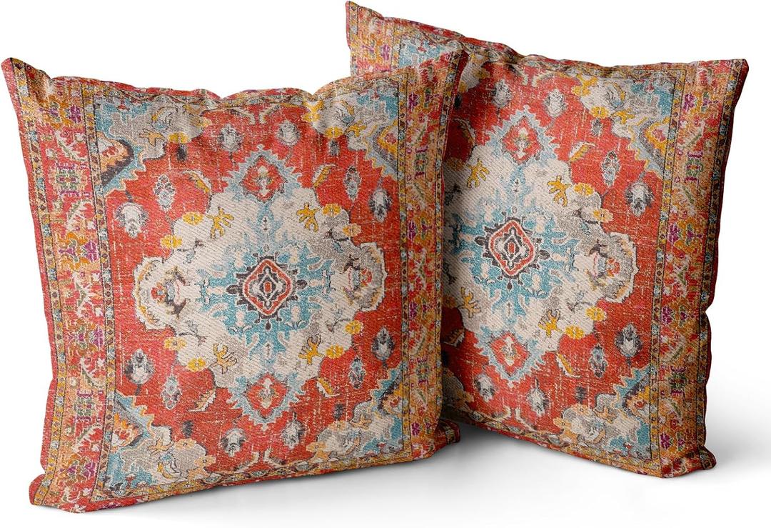 Snycler Boho Throw Pillow Covers 18x18 inch Set of 2 Boho Rug Carpet Double Sided Pattern Cotton Soft Pillow Case Cushion Cover Pillowcase for Couch Sofa Bed Decorative (Orange)