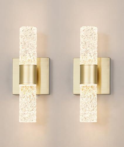 Crystal LED Wall Sconces Set of 2, Brushed Gold Bathroom Light Fixtures, Modern Bathroom Sconce Lights with Wired LED for Bedroom, Living Room, Hallway | Gold Vanity Wall Lighting & Crystal Wall Decor