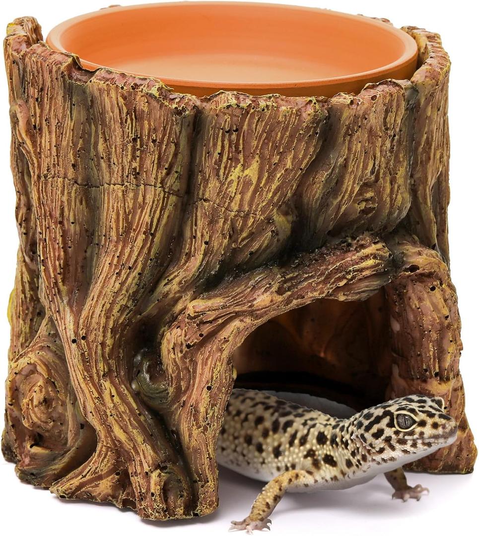 Cididu Reptile Hide Cave Resin, 2 in 1 Reptile Hideout Cave and Food Tray, Reptile Shelter with Detachable Food Bowl, Leopard Gecko Keeper Habitat Help Shedding for Amphibian, Snake, Lizard, Turtle