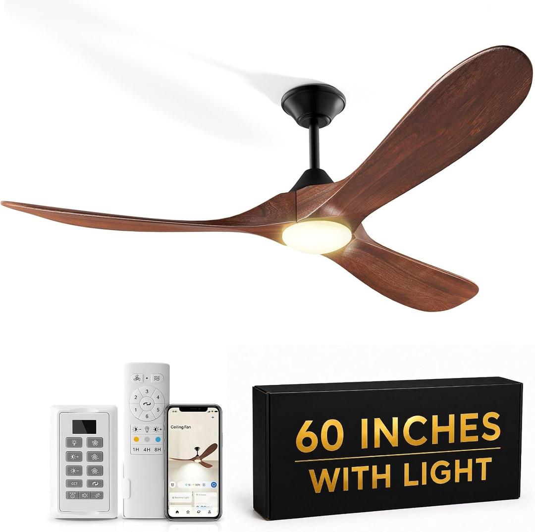 Wall Switch-60 inch Outdoor Ceiling Fan with Light Remote for Patios, Wet Rated Wood 3-Blade Propeller Ceiling Fans, Smart APP, High CFM 6-Speed DC Motor for Exterior Indoor, 3 LED Glass Lamp, Walnut