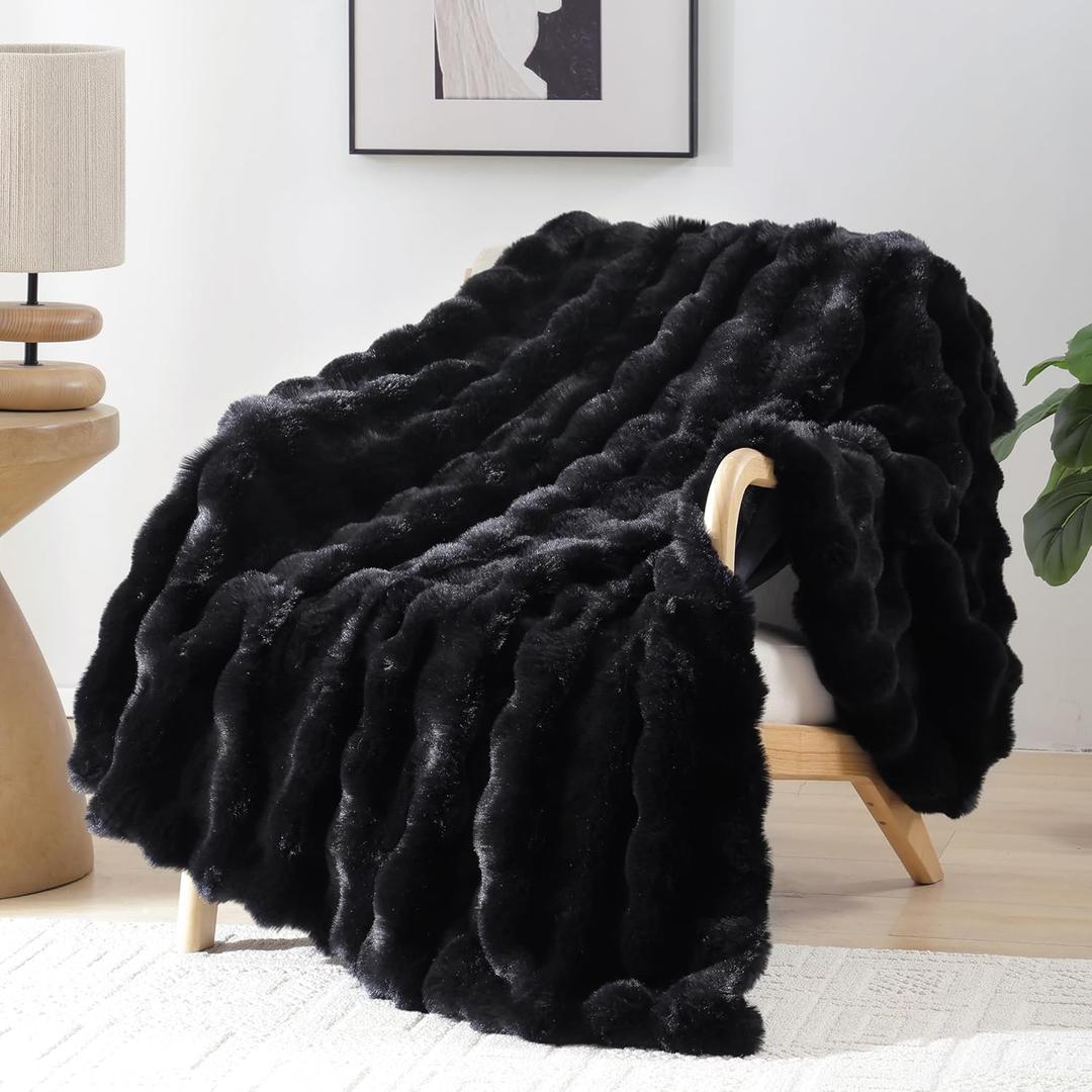 Smoofy Faux Fur Throw Blanket for Couch  Black Fluffy Cozy Rabbit Fleece, Plush Soft Bubble Blanket for Sofa & Bed, for Mom, Warm Fuzzy Home Room Decor Throw 60" x 80"