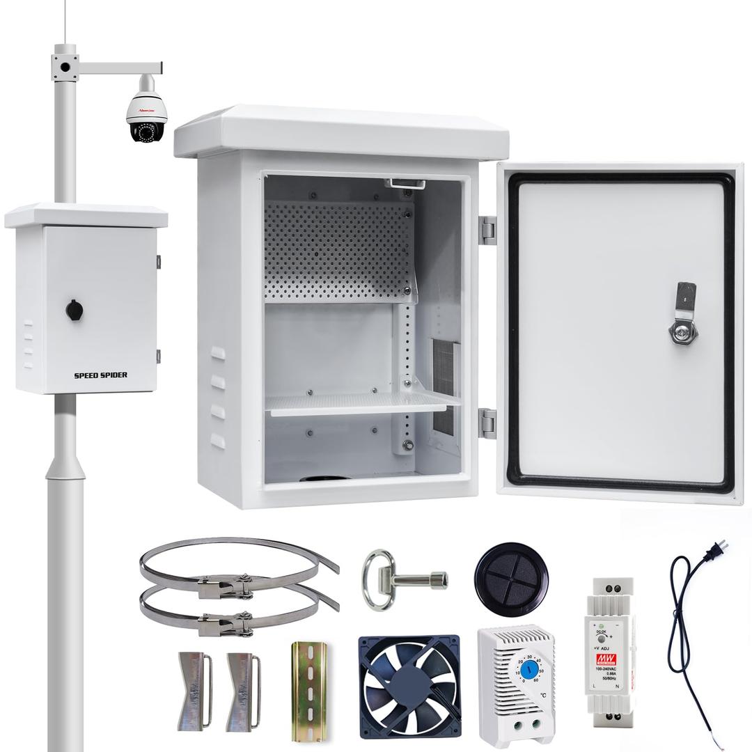 Outdoor Electrical Box withElectrical Cabinet Cooling Fan and Thermostat Set 15.7 * 19.7 * 7.9" IP Weatherproof Box, Vented Box with Removable Mounting Plate Wall/ Pole Mounted(40 * 50 * 20cm)