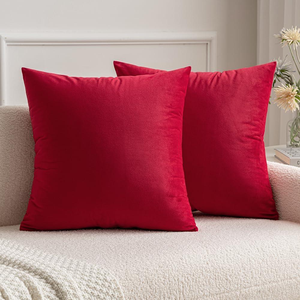 MIULEE Pack of 2 Red Velvet Pillow Covers Decorative Square Pillowcase Soft Solid Cushion Cases Holiday Home Decor for Sofa Couch Bedroom Car 18x18 Inch