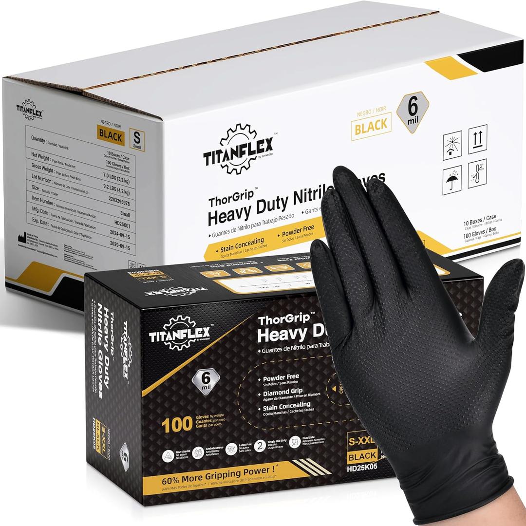 TitanFlex Heavy Duty Black Nitrile Gloves, 6 Mil with Raised Diamond Texture Disposable Gloves Latex Free, Powder Free, XL