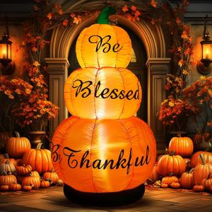 6ft Thanksgiving Pumpkin Inflatable Decoration with LED Fall Stacked Pumpkins Blow up Be Blessed Thanksgiving Inflatable Outdoor for Harvest Fall Garden Lawn Yard Decor