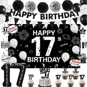 Holkcog 17th Birthday Decorations for Boys Girls, Black 17th Birthday Decorations Supplies, 17 Number Ballons Gifts, Black Glitter Bruh I'm 17 Cake Topper Cupcake, Bro I'm 17 Party Backdrop Banner