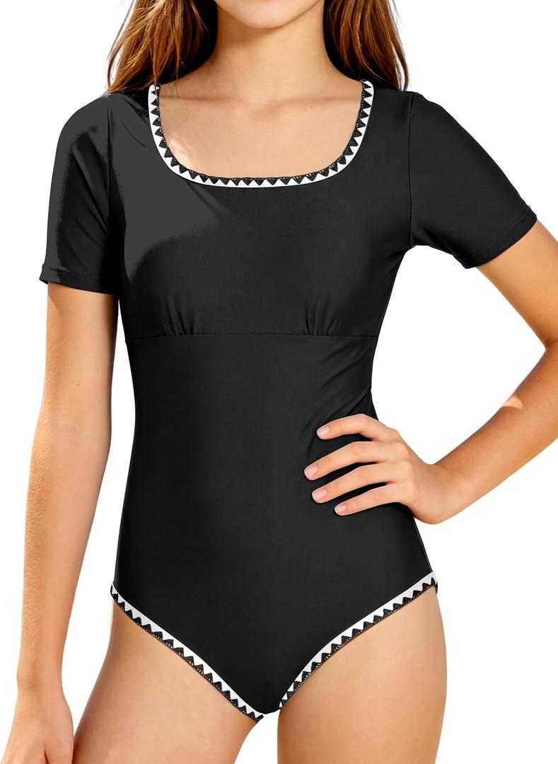 2 x AGAPENG Girls Rash Guard Swimsuit One Piece Contrast Trim Bathing Suit Short Sleeve Half-Zip UPF 50+ Solid Color Swimwear (Black)