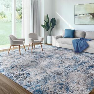 Area Rug for Living Room: 10x14 Washable Neutral Abstract Rug for Bedroom Modern Soft Dining Room Rug No Slip Low Pile Carpet for Nursery Home Office Decor - Grey/Blue