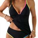 RXRXCOCO Women Tankini Swimsuits Bathing Suits Tummy Control Colorblock V Neck Ruched High Waisted Swimwear (Medium, Black)