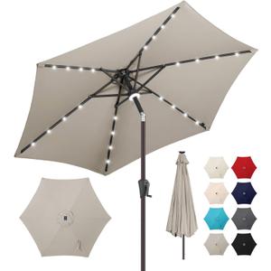 10ft Solar Patio Umbrella - Outdoor Umbrella with Centre Surround Light 24 LED Lights, Market Table Umbrella with Tilt for Pool, Porch, Garden, Deck, Backyard UV Protection (Taupe)
