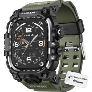 amBand for iWatch Bands Men 45mm Fits Apple Watch 9/8/7 Band, M3 Rugged Tough Case and Durable Protection Accessory for Gym Workouts or Outdoor Activities Like Running/Hiking/Cycling - Army Green