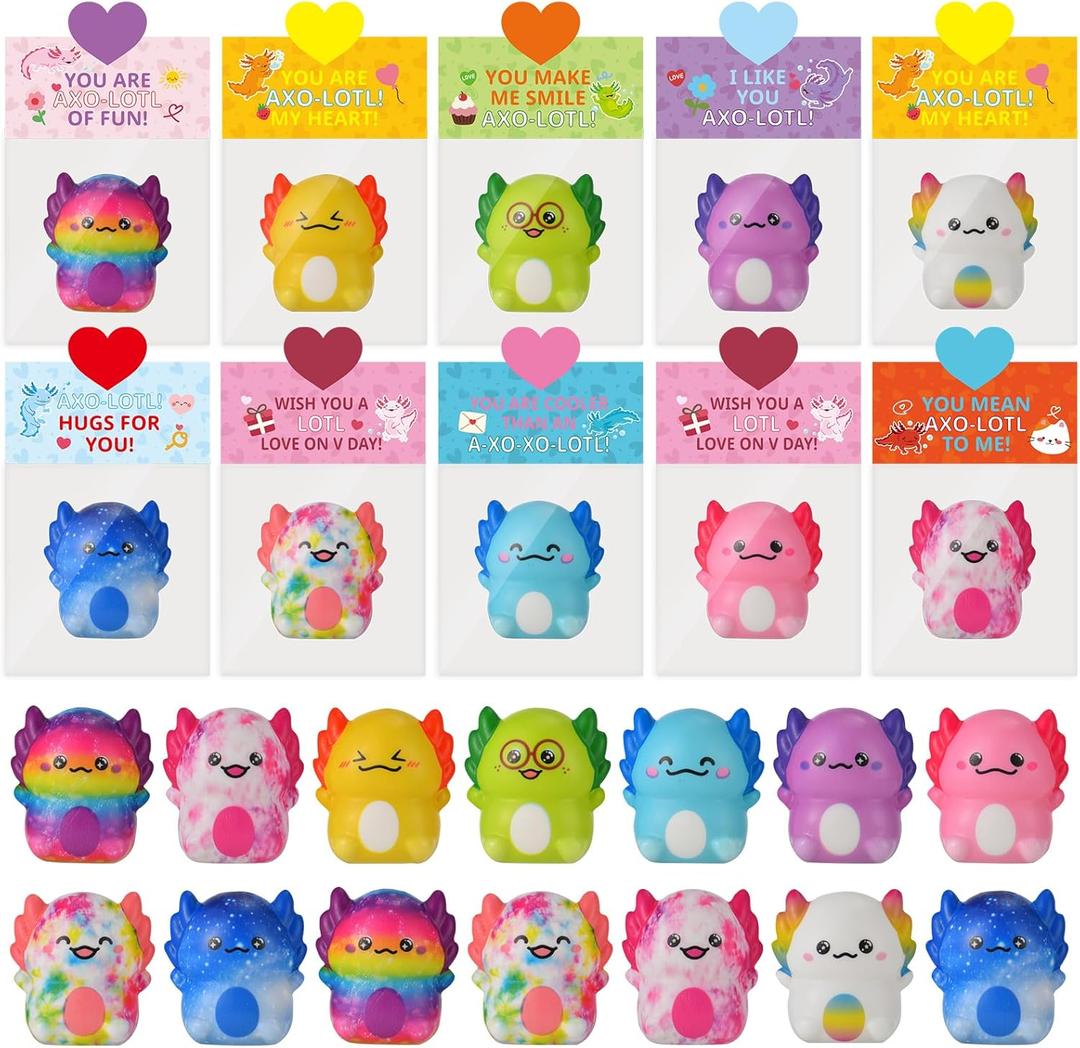 Valentines Day Gifts for Kids, 24 Pack Axolotl Slow Rising Squishy Fidget Toys Stress Relief for Kids Boys Girls School Classroom Exchange Valentines Day Party Favors Gifts