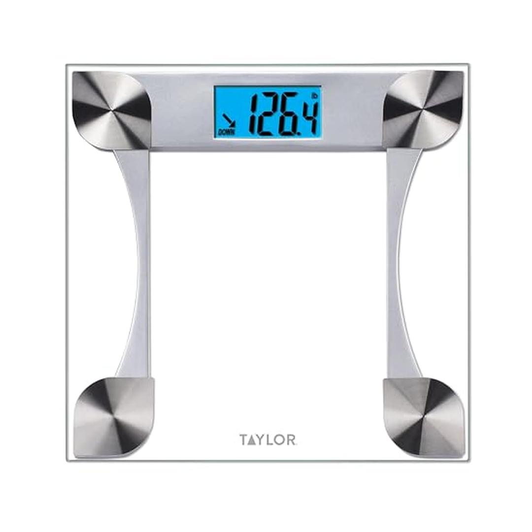 Taylor Digital Bathroom Scale for Body Weight, Large 12.2 Inch Glass Platform, Blue Backlit LCD Display, 440 lb Capacity, Weight Tracking for 2 Users, Clear