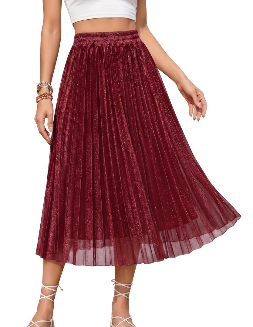 Flowy Pleated Business Skirts High Waist Elegant Skirt 2601 Burgundy M (Red)