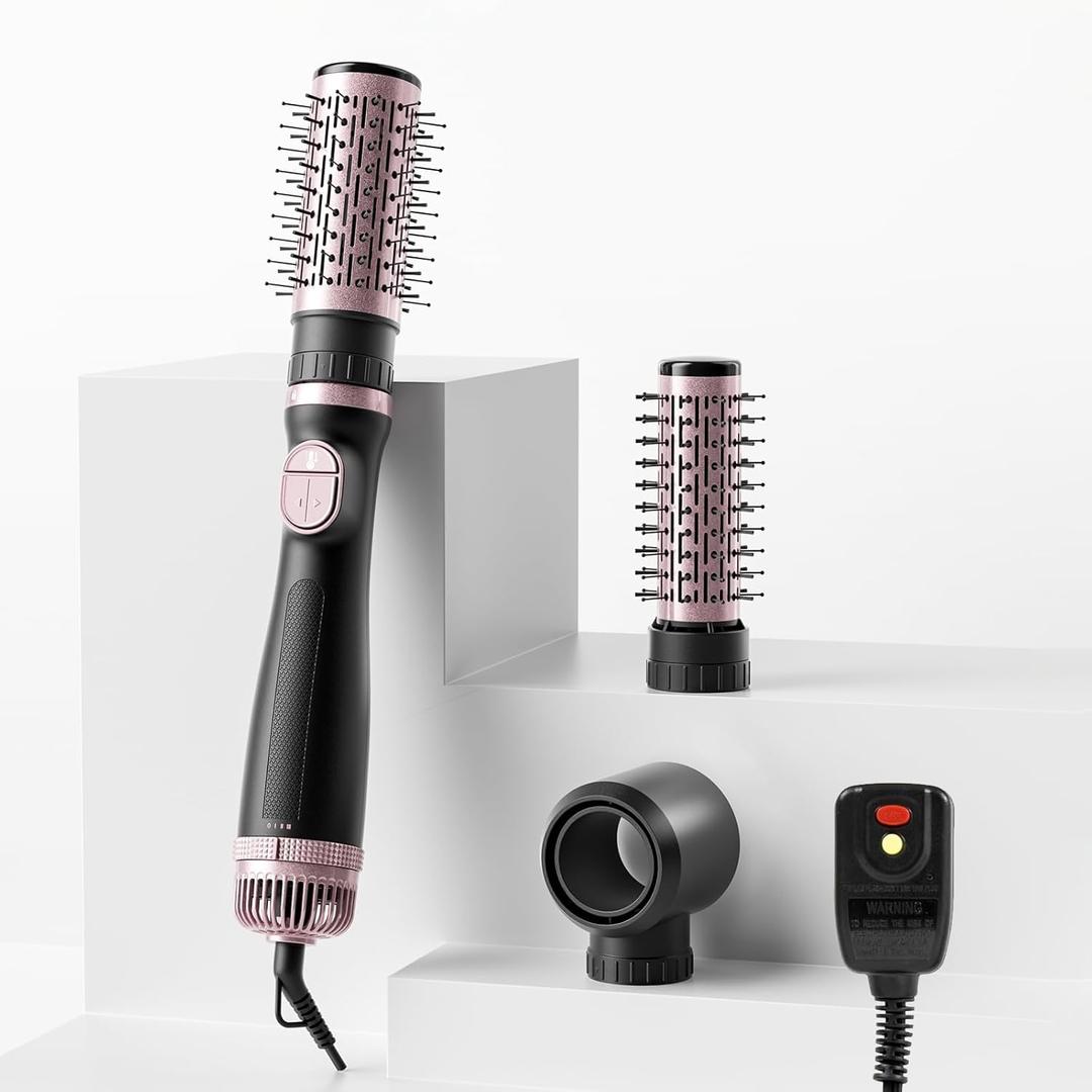 Blow Dryer Brush, 3-in-1 Rotating Hair Dryer Brush with 3 Heads for Drying Styling Volumizing Curling Sleeking in One Step for Long Hair, 3 Temperatures, Negative Ionen, Ceramic Coating, 360 Rotating (Rose)