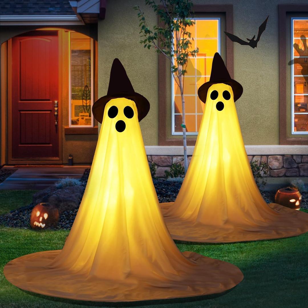 2 Packs Halloween Ghost Outdoor Decorations, 59 Light Up Ghost Decor with Remote Control, Adjustable Height Standing Halloween Lighted Ghost Kit with Witch Hat Ideal for Porch, Garden, Yard