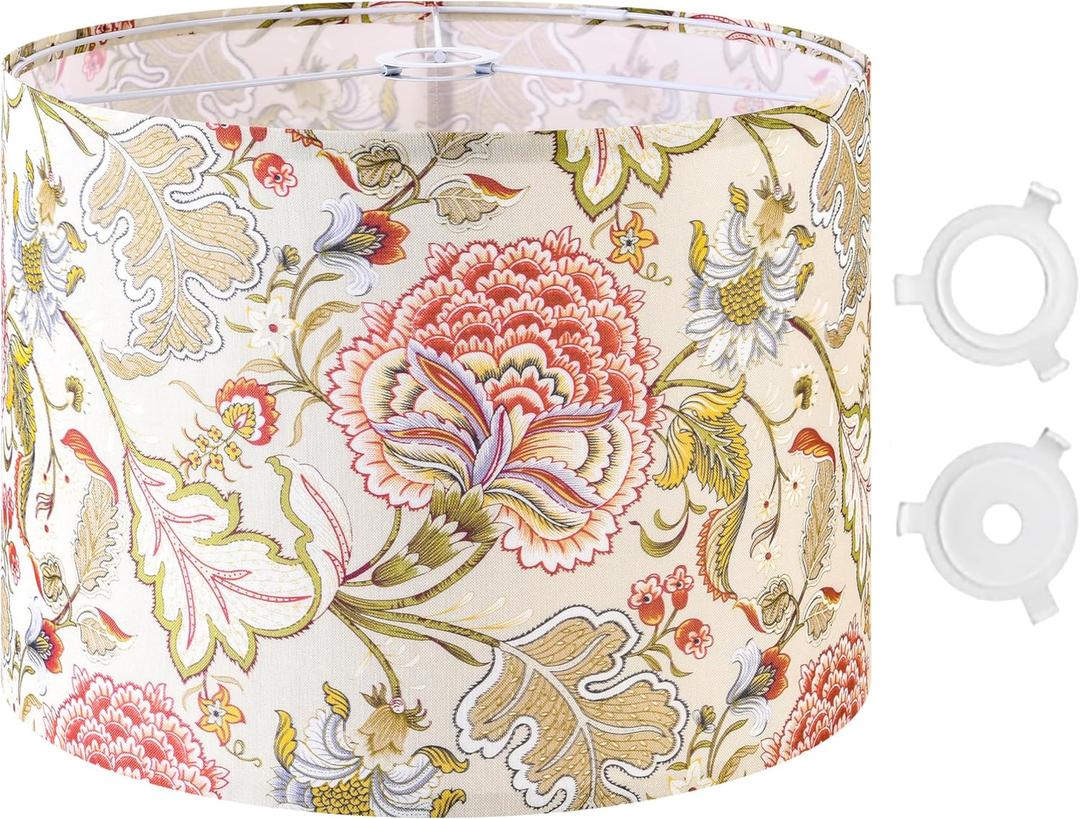 GO&SO 1 Pack Floral Large Drum Lamp Shade,16" x16" x10", 1.65" Spider E27 Base, Printed Pattern Design, DIY Assembly with Multi-Adapter (E14/10mm), Perfect for Table/Floor Lamps/Pendant Lighting
