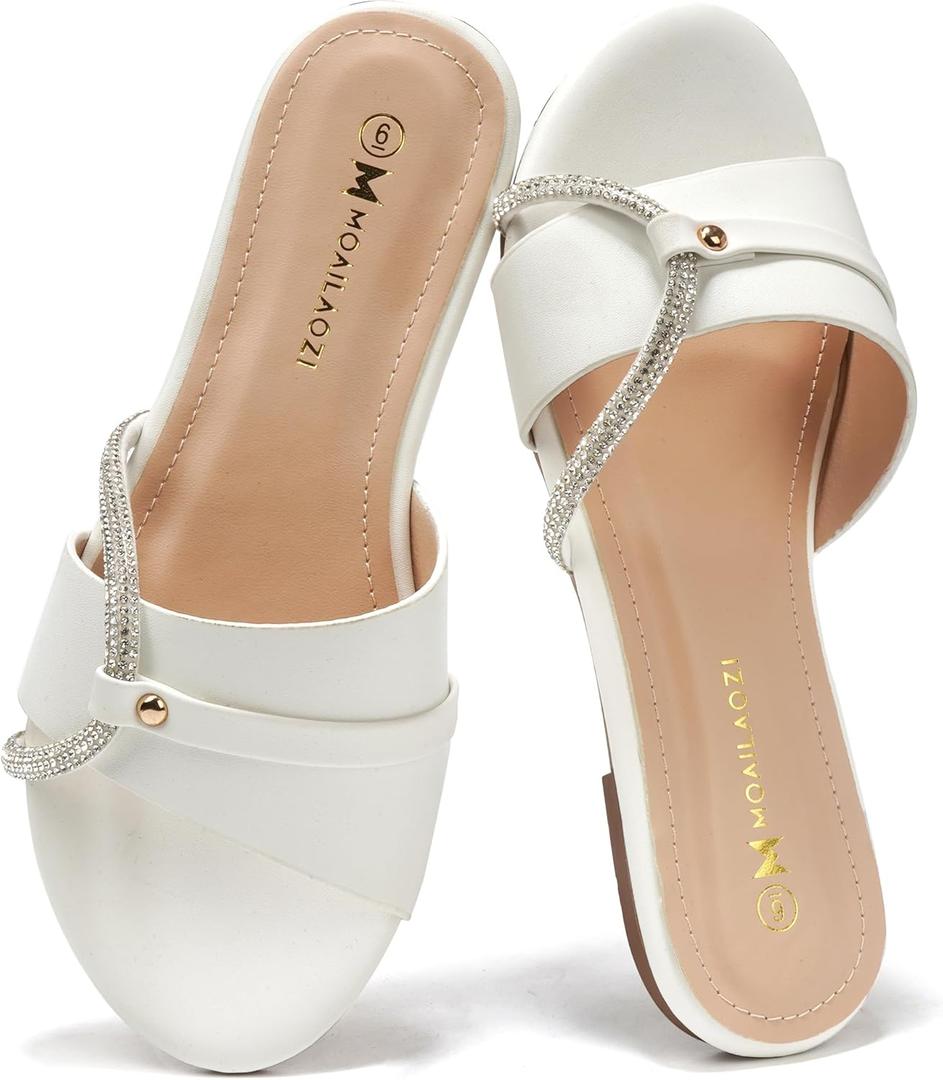 Women's Flat Sandals Rhinestone Strappy Buckle Slides With Soft Memory Foam Insole, Dressy Beach Leather Slippers for Summer Vacation (7, White)