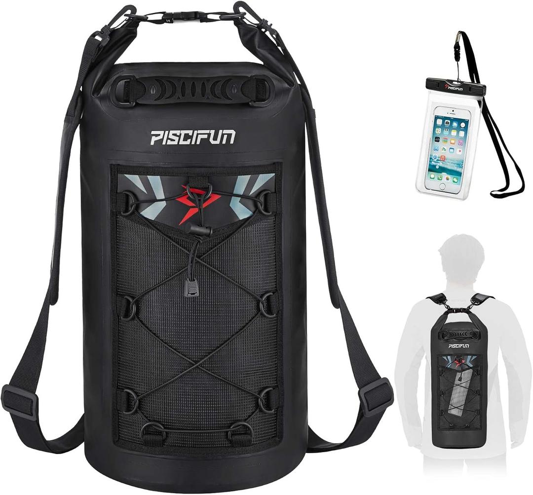 Piscifun Dry Bag, Waterproof Floating Backpack 10L/20L/30L/40L with Waterproof Phone Case for Boating, Kayaking, Fishing (Black)