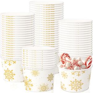 Potchen 50 Pack 9 oz Christmas Soup Bowls Disposable Paper Cups Winter Themed Disposable Dessert Bowls Gold Snowflake Paper Snack Cups for Hot and Cold Food Christmas Party Supplies