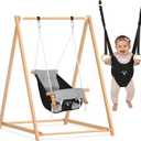 2-in-1 Baby Jumper & Swing, Montessori Wooden Toddler Swing Set with Stand for Indoor/Outdoor, Baby Bouncer Jumper & Hammock Swing with 5-Point Harness, Suitable for Children Ages Up to 3 Yrs