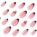 Medium Press on Nails Almond French Tip False Nails with 3D Cherry Design Leopard Print Glossy Acrylic Artificial Full Cover Stick on Fake Nails for Women 24 Pcs