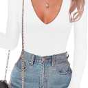 SAUNGKUAI Women's Plunge Deep V Neck Long Sleeve Bodysuit Double Lined Thong Body Suit Shirt Tops (White, S)
