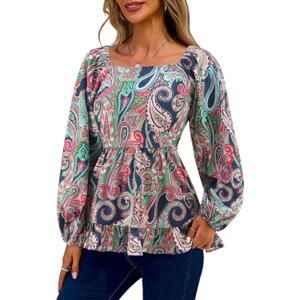 Womens Square Neck Floral Long Sleeve Tops Casual Loose Puff Sleeve Boho Work Blouse T Shirts (Medium, C1002)