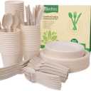 300 Piece (50 Sets) Biodegradable Paper Plates Set (EXTRA LONG UTENSILS), Disposable Dinnerware Set, Eco Friendly Compostable Plates & Utensil include Plates, Cups, Forks, Knives and Spoons