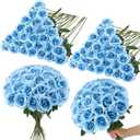 80 Pcs Roses Artificial Flowers, Silk Light Sky Blue Artificial Flowers Petals Long Stem Roses for Wedding Bouquet Home Party Decor