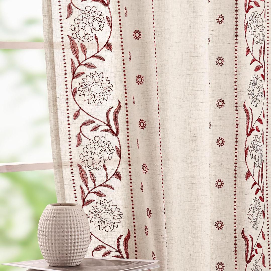 jinchan Winslow Linen Curtains for Bedroom 84 Inches Length Embroidered Floral Curtains for Living Room Farmhouse Decor Rod Pocket Light Filtering Window Treatments Red on Beige Drapes 2 Panels