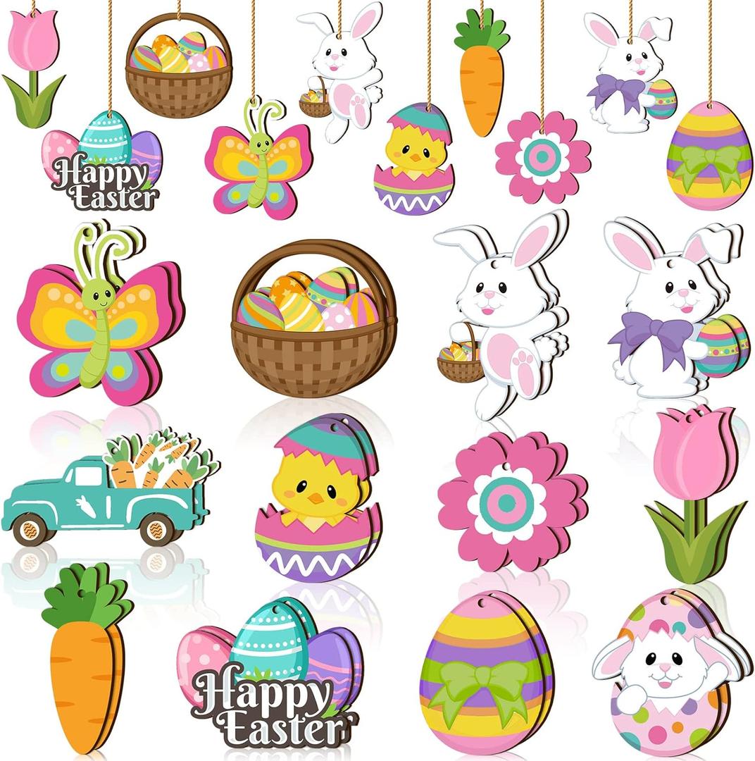Qunclay 24 Pcs Spring Easter Wooden Ornaments Flower Bunny Egg Hanging Sign for Tree Easter Wooden Decorations with Strings Hanging Ornaments for Party Home Classroom Decor(Bunny Egg Flower)