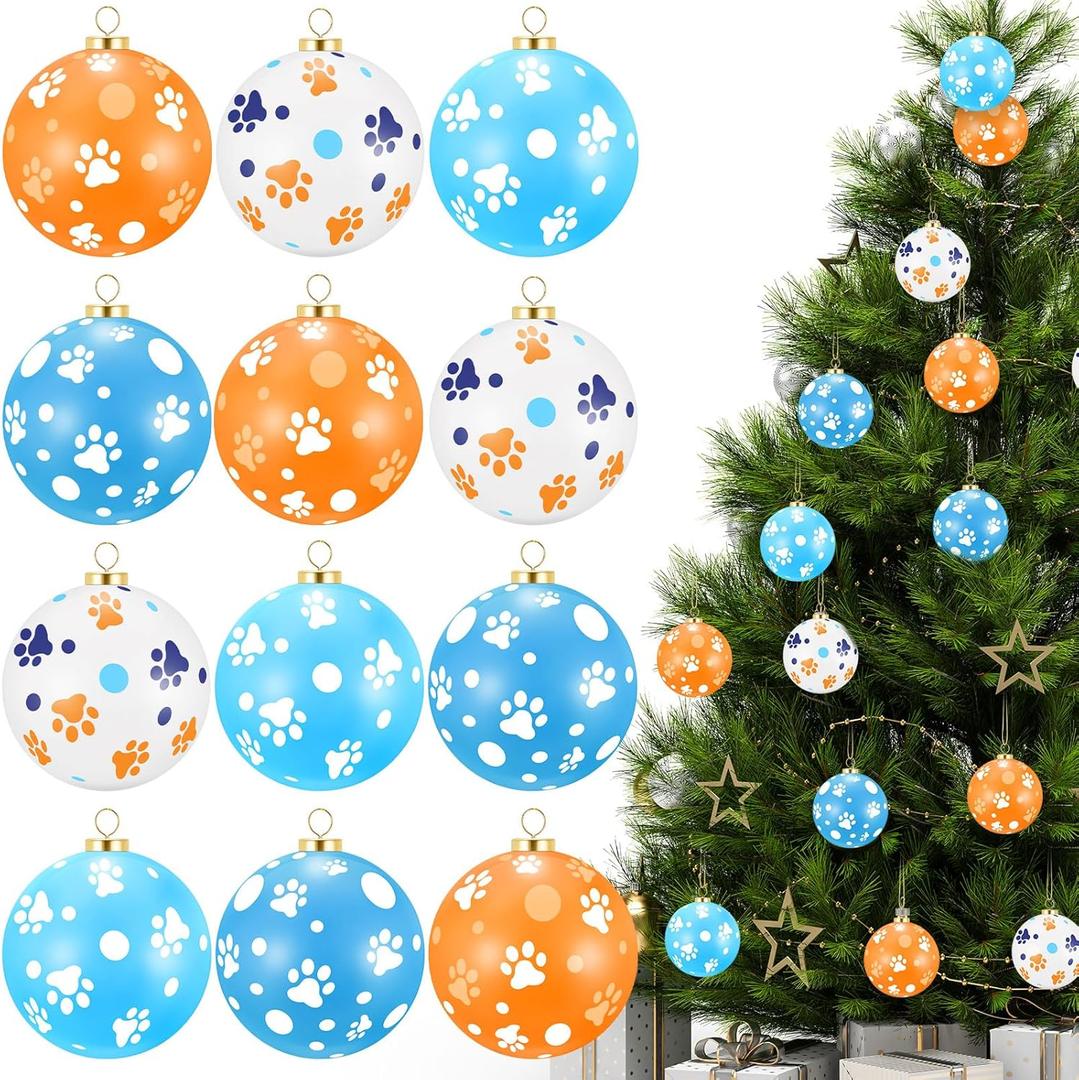12 Pcs Christmas Ball Ornaments 2.4" Dog Paw Foam Ball Ornaments for Christmas Tree Cute Shatterproof Hanging Decorations for Xmas Tree Holiday Party