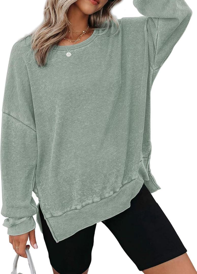 Dokotoo Sweatshirt for Women Oversized Waffle Knit Crewneck Sweatshirts Long Sleeve Side Slits Casual Pullover Tops (Small, Green)