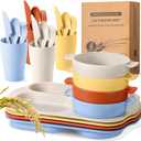 24 Pcs Wheat Straw Dinnerware Cutlery Set for Kids Toddler Aldult Including Divided Plates Microwave Dishwasher Safe Bowl Unbreakable Tableware Straw Cutlery Spoon Knife Fork(Mixed Color)