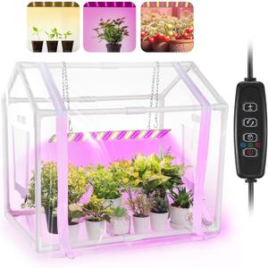 Meonum Mini Greenhouse with Grow Light for Indoor, 23.6 x15.7 x19.6 Tabletop Small Greenhouse Kit with 15W Plant Dimmable LED Grow Lights and Timer, 3 Light Color Mode for Seed Starter Tray