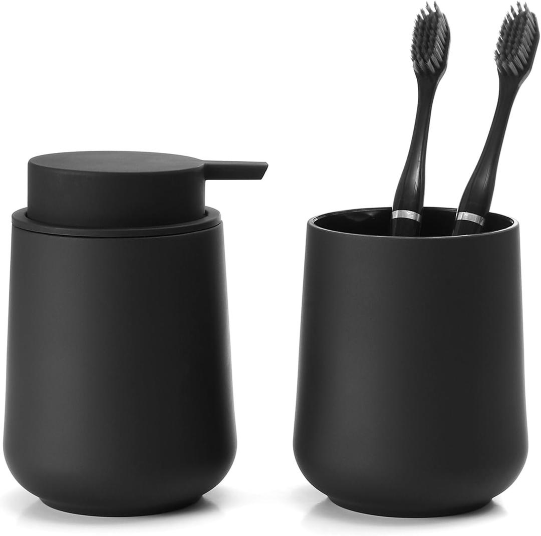 Matte Black Bathroom Accessories 2 Piece Set Plastic Soap Dispenser and Toothbrush Holder for Modern Bathroom Decor