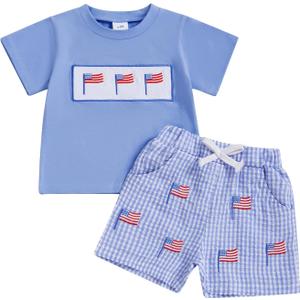 Toddler Baby Boy 4th of July Outfits American Flag T-Shirt Tops Plaid Shorts Set Fourth of July Boys Clothes (Blue)