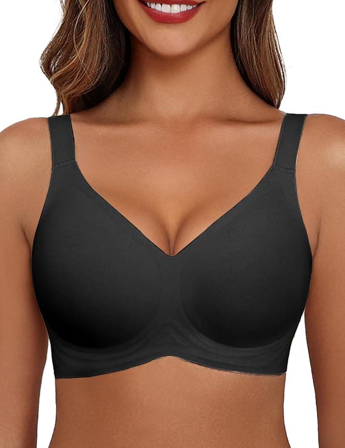 Avidlove Bras for Women Seamless Bra Full Coverage T Shirt Bralettes V Neck Wireless Bra Comfortable Brassiere, L, Black