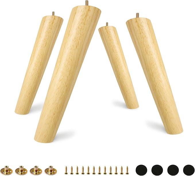 FoDau770 Rubber Wood Furniture Legs 10 Inches, Slant Tapered Wood Feet Mid Century Sofa Legs Set of 4, 5/16" UNC Furniture Feet Replacement Parts for Cabinet Couch Dresser Chair Ottoman Table, Varnish 