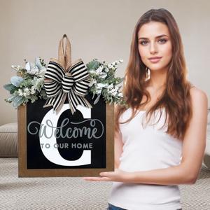 Ultra Large 14'' Last Name All Year Round Front Door Wreath with 26 Initial Letter Welcome Sign All Seasons Eucalyptus Garland and Bow Wreaths for Front Door Porch Farmhouse Decoration (C)