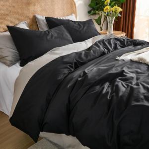 100% Cotton Comforter Set Queen Size Black, Linen-Like Texture, Super Soft & Breathable Lightweight Bedding Set, 3-Piece Durable Percale Comforter for All Seasons