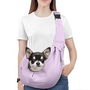 Pawaboo Dog Sling Carrier for Small Dogs, Reversible Hand Free Dog Carrier Sling with Adjustable Strap Buckle & Safety Leash, Soft Pouch and Tote, for Carry Small Dogs & Cats, Up to 12lbs, Light Purple