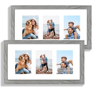 Hongkee 10x20 Picture Frame Set of 2, Rustic Grey Wood Frame with Real Glass Collage Frame, Display Pictures Three 5x7 With Mat or 10 x 20 Without Mat - Horizontal or Vertical Wall Mounting, 10x20 in matted to 3-5x7