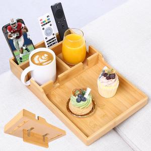 Couch Tray Insert for Middle Seat, Bamboo Couch Table with 2 Cup Holders, Fits Armless Sofa & Sectionals, Fold-Flat Tray for Drinks, Snacks & Remotes, Natural Bamboo