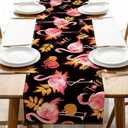 Fall Flamingo Table Runner, Autumn Maple Leaves Pumpkin Black Kitchen Dining Table Decoration, Seasonal Burlap Indoor Outdoor Home Decor Party Supply 13 x 72 Inches